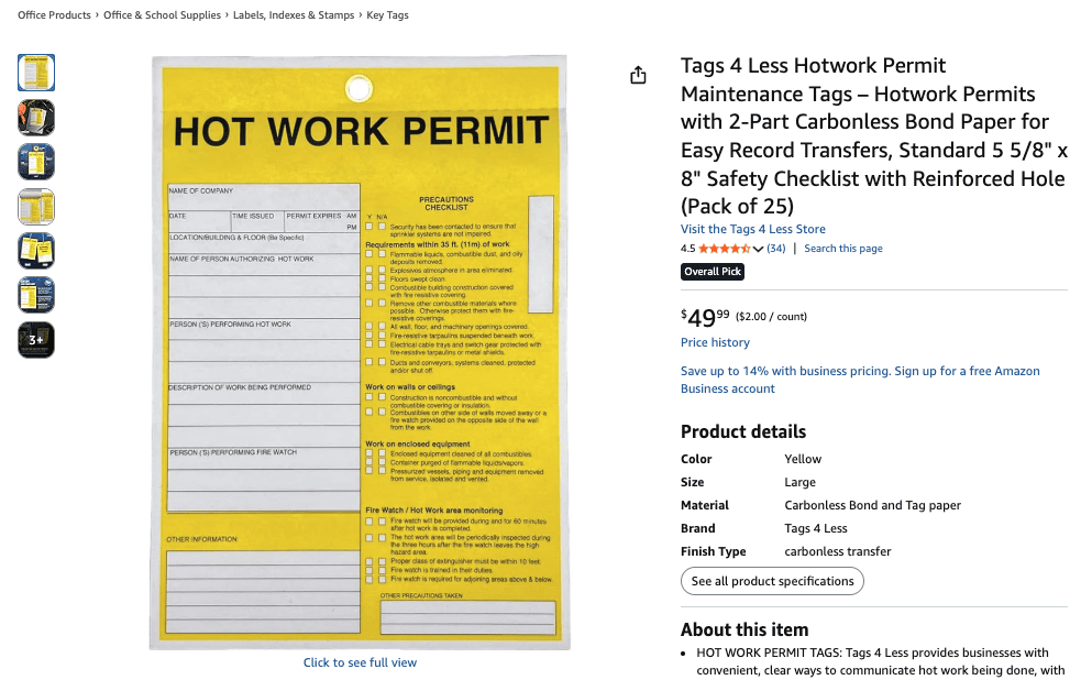 Bright yellow hot work permit sign with detailed instructions and safety guidelines for industrial workplaces.