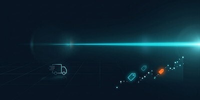 Futuristic digital delivery concept with glowing icons and a bright streak of light, representing fast and efficient online logistics solutions.